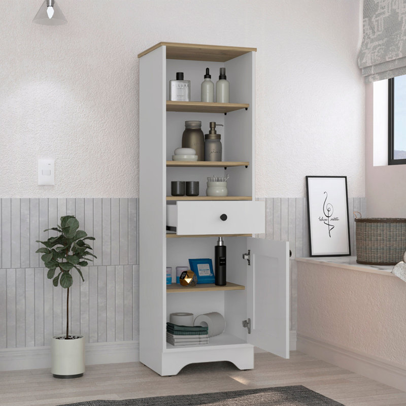 Armoire de rangement autoportante pour salle de bain, Chêne / Blanc