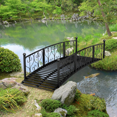 Outsunny 7' Metal Arch Garden Bridge With Safety Siderails, Decorative Arc Footbridge With Delicate Scrollwork "S" Motifs For Backyard Creek, Stream, Fish Pond, Black