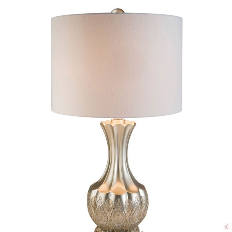 Lampe de table haute en polyrésine 30 po avec finition argentée, design royal, abat-jour en lin blanc