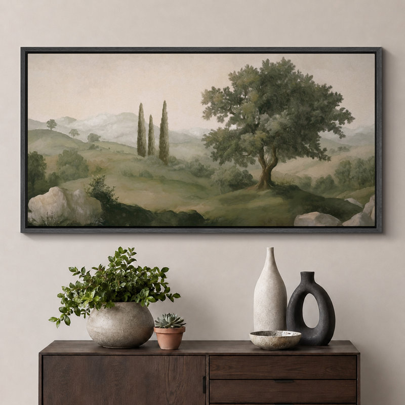 «Tuscan Hills and Cypress Trees», impression sur toile encadrée - décor de paysage méditerranéen, H 30 po x l 60 po, Noir