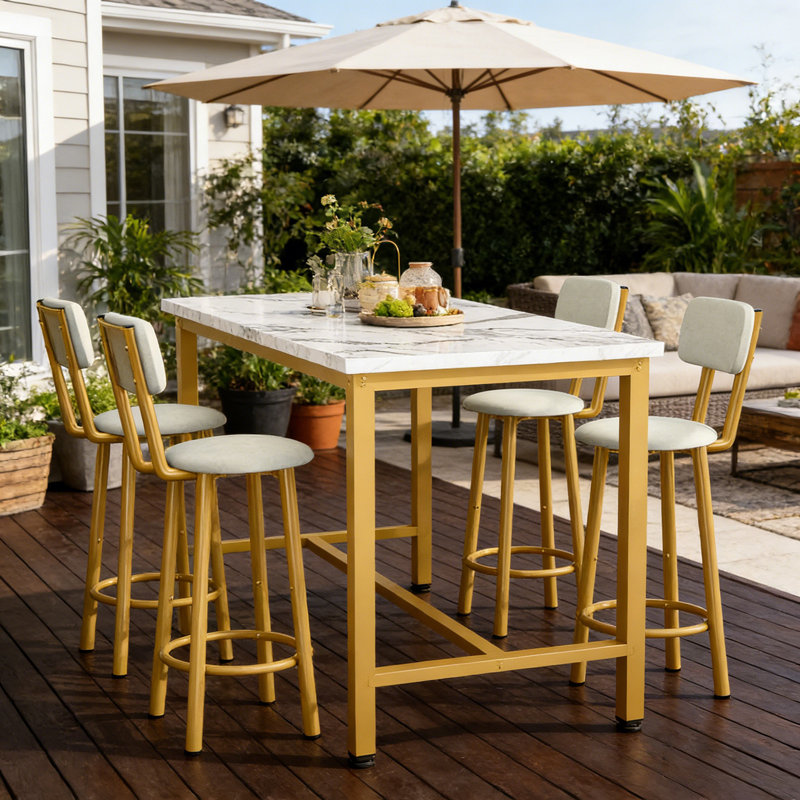 Enchantyd 5 Piece Kitchen & Dining Room Set with 4 Stools, Marble White, Gold