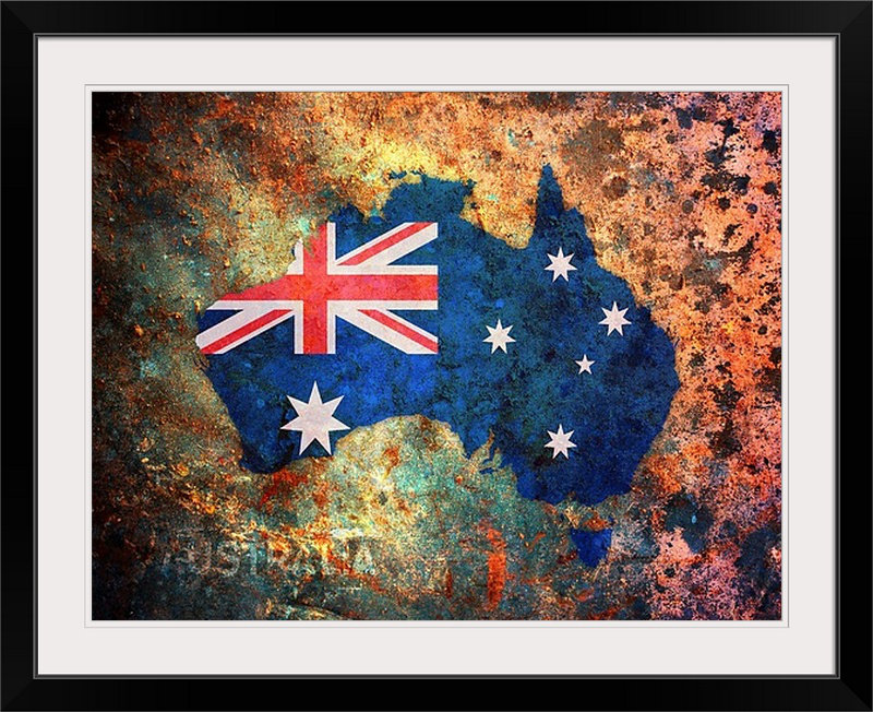 Francy «Australie Flag Map» par Deschamps, impression, H 26 po x l 32 po x P 1 po, Cadre noir