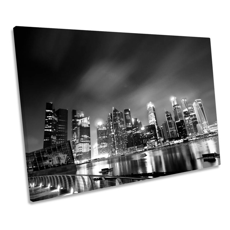 Singapore City Skyline Night B&W - Wrapped Canvas Print, 30.5cm H x 45.7cm W