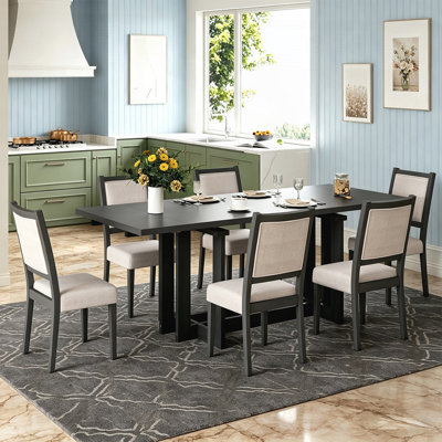 Ensemble de table de salle à manger extensible 82 pièces Rustic, table de cuisine à tréteaux avec 6 chaises rembourrées et 2 rallonges amovibles de 12 po