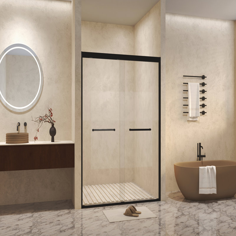 Tempered Glass With Explosion Proof Film, Aluminum Frame Double Sliding Shower Door, "1/4 (6 Mm), Stainless Steel Handle