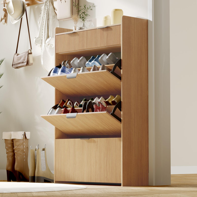 Modern Shoe Cabinet With 3 Flip Drawers & 2 Small Drawers & Hook, White