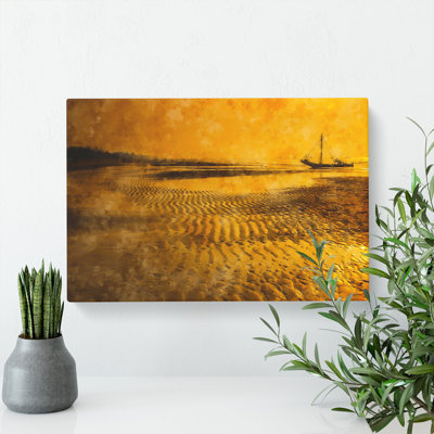 Fishing Boat At Sunset - Wrapped Canvas