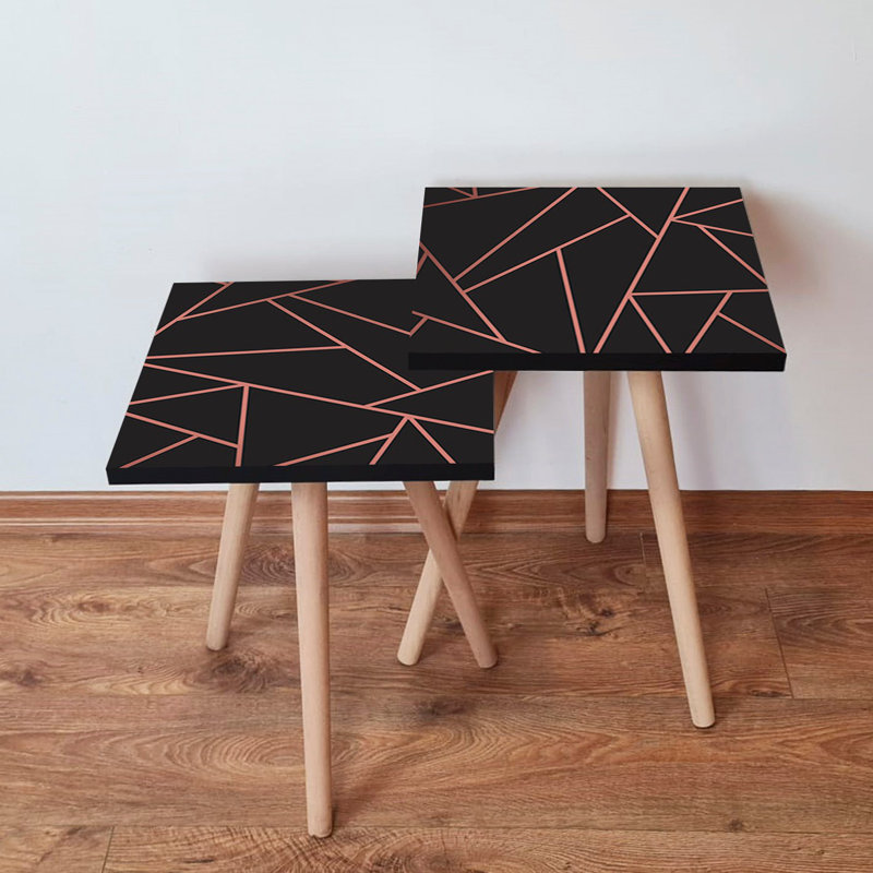 Modern Nesting Table Set (2 Pieces), Black & Pink, 13.8 x 18.5 x 13.8 inches & 13.8 x 16.5 x 13.8 inches | 100% MDF with Beech Wood Legs, Stylish Geometric Design for Contemporary Living Rooms & Home Offices