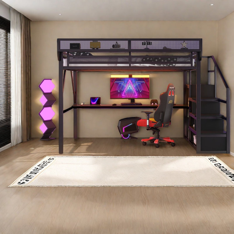 Grand lit mezzanine peu encombrant, fabrication en métal avec bureau et rangement pour une maison moderne