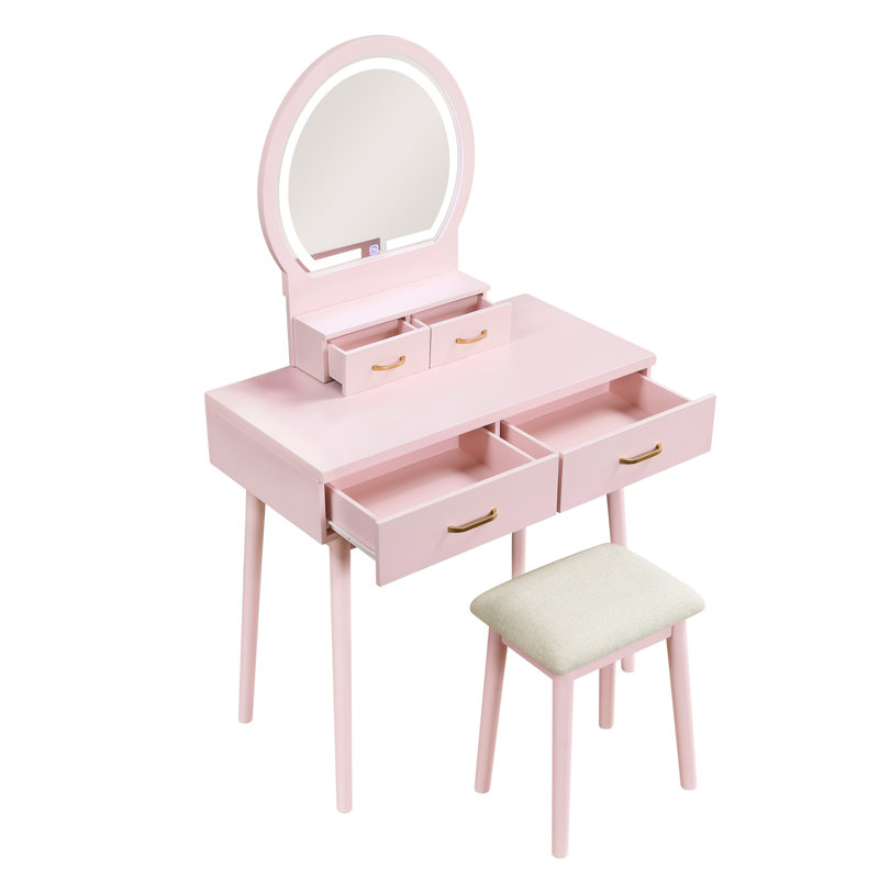 Stylish Pink Vanity Dresser And Stool With Mirror - Bedroom Accent Stool, Convenient Drawer, Pink