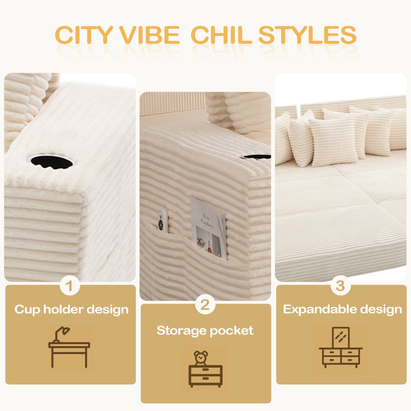 Canapé modulaire en L 110,75 po, canapé modulaire en velours côtelé, avec repose-pieds mobile, porte-gobelets, 8 coussins décoratifs, poche latérale, déplier dans un lit