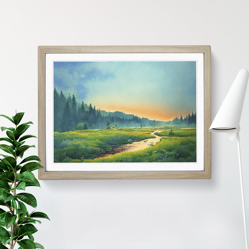 Watercolour Summer Forest View 1 Piece Single Picture Frame Wall Art, 46cm H x 64cm W, Grey