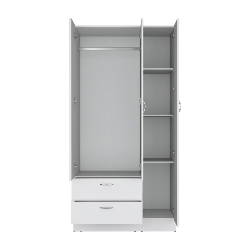 Portemanteau avec 3 portes, une avec miroir, deux tiroirs, quatre tablettes et une barre de suspension, Blanc