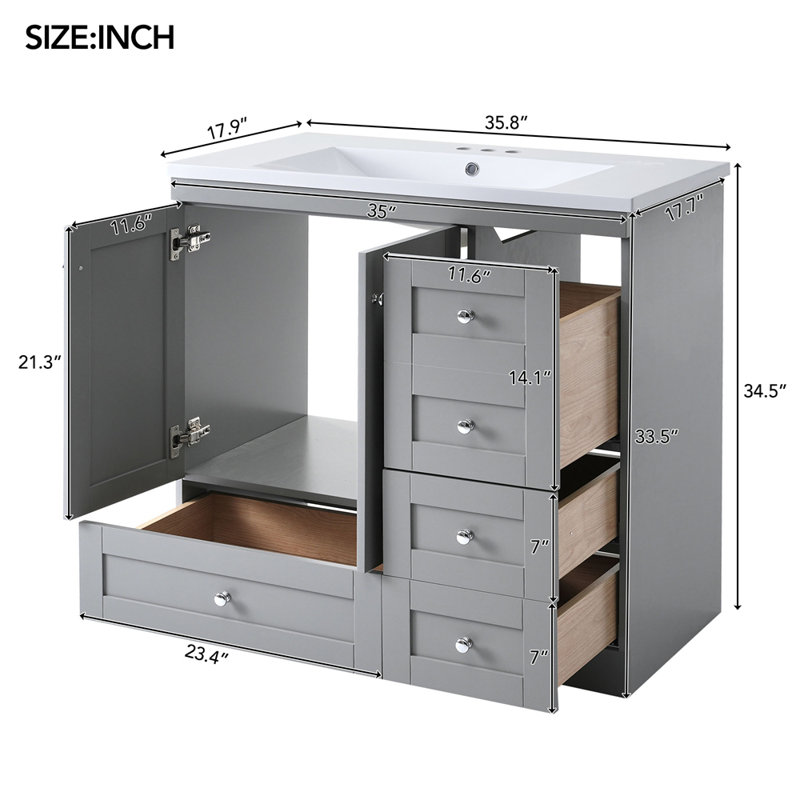 Armoire de meuble-lavabo autoportante de 36 po de style Shaker avec lavabo, 4 tiroirs à fermeture en douceur et 2 portes à fermeture en douceur