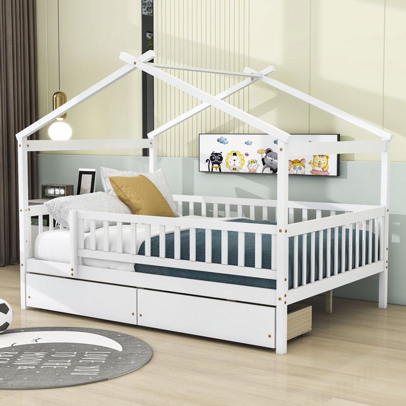Lit en bois en forme de maison, Double, Blanc