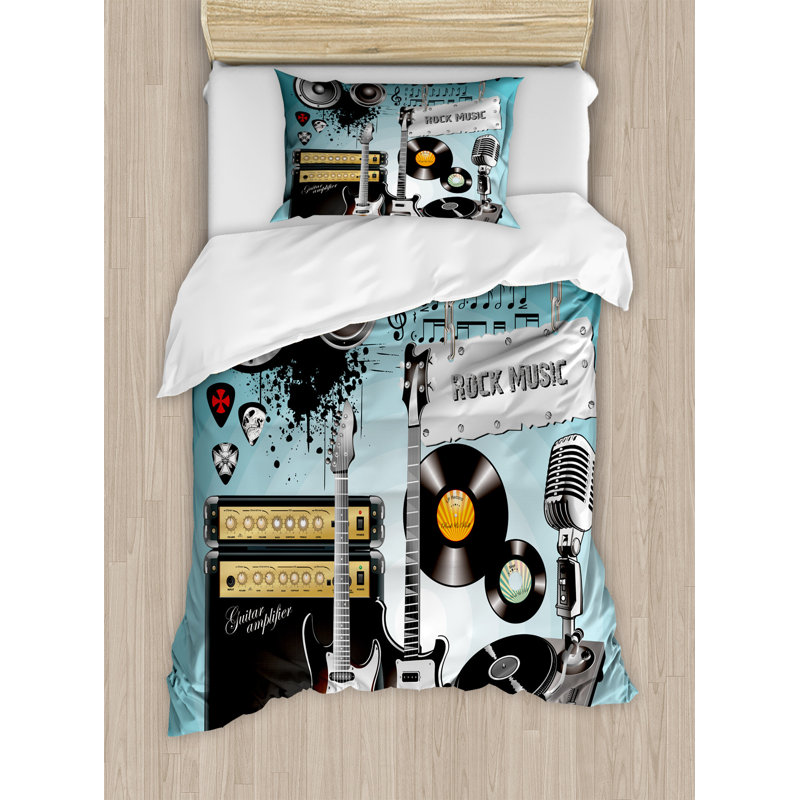 Twin Multicolor Rock Music Duvet Cover Set with Pillow Sham