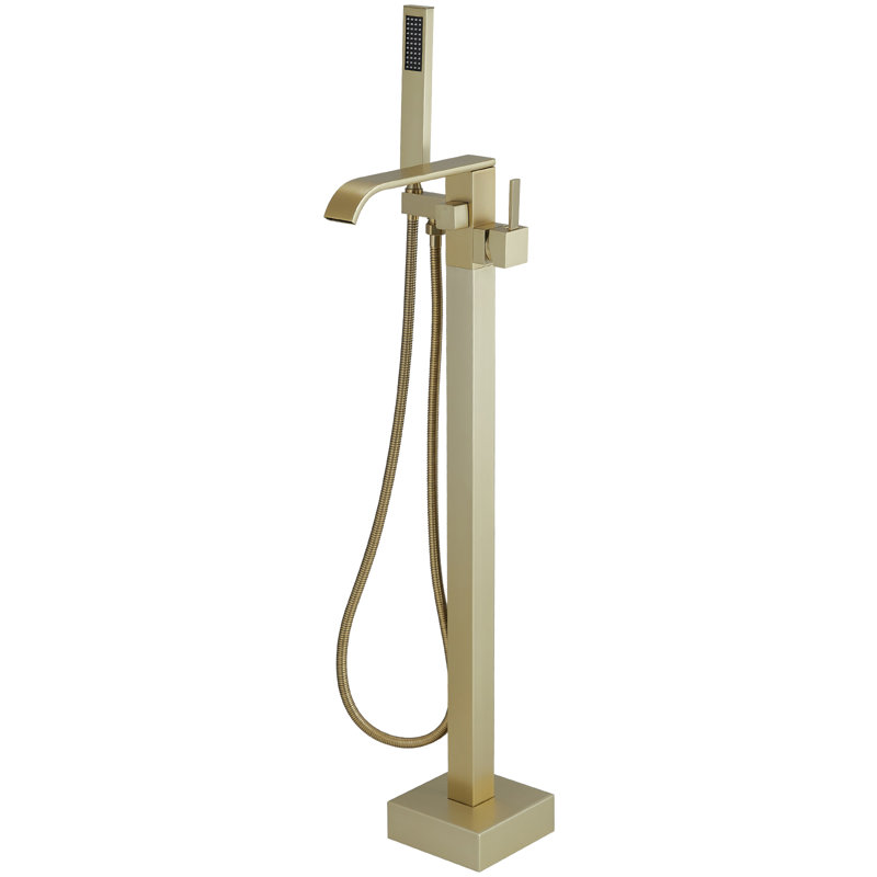 Single-Handle Floor Mount Freestanding Bathtub Faucet Waterfall Tub Filler With Handheld Shower, Brushed Gold