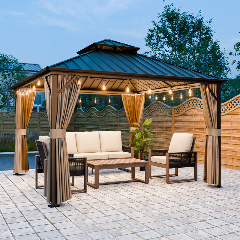 Pavillon de jardin en aluminium à toit double avec toit et rideaux, H 120 po x l 144 po x P 144 po