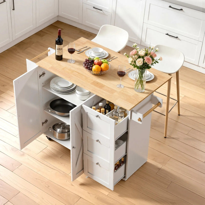 Îlot de cuisine avec plateau en bois massif, chariots mobiles d'une largeur de 45,3 po avec armoire de rangement, table de cuisine roulante avec porte-épices, porte-serviettes, abattant et tiroir, îlots sur roulettes portables, blanc