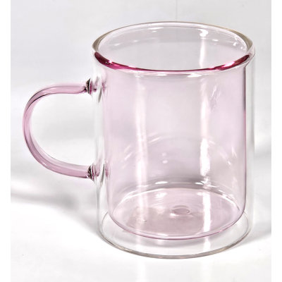  11 oz Double Wall Mug with Colored Glass Interior & Matching Colored Glass Handle - Pink