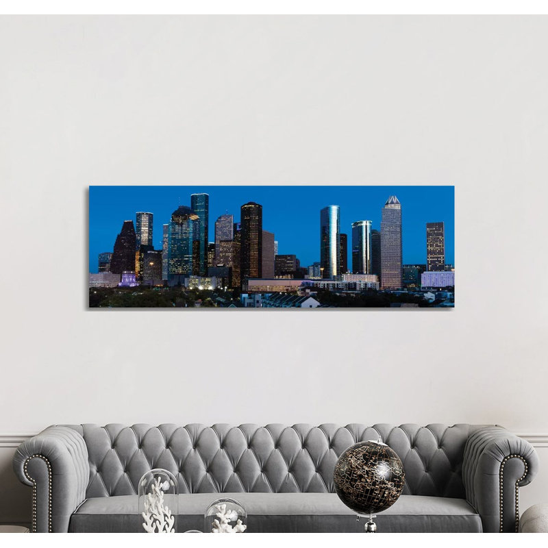 High Rise Buildings In Houston Cityscape Illuminated At Sunset, Houston, Texas 1 Piece Wrapped Canvas Panoramic Wall Art