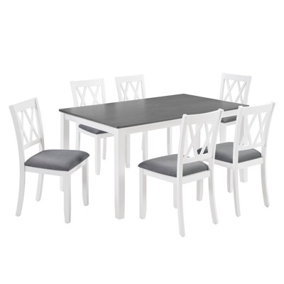 7-Piece Dining Set, Grey & White Two-Tone Rectangular Table with 6 Upholstered Chairs