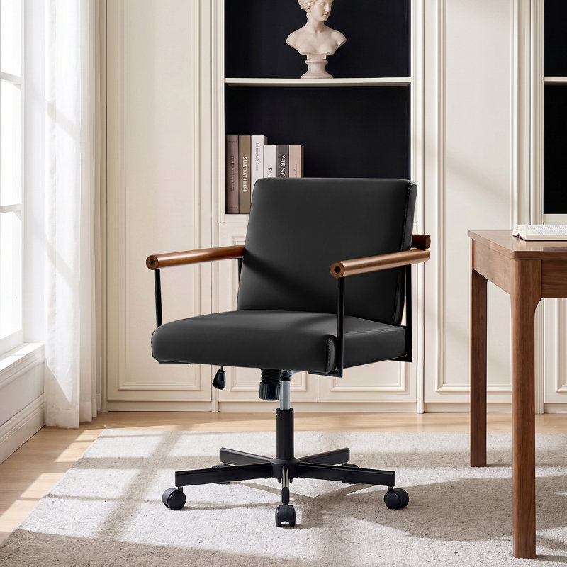 Avelina Rafael Modern Industrial PU Leather Upholstered Swivel Tilt Task Office Chair with Solid Wood Armrest, Black