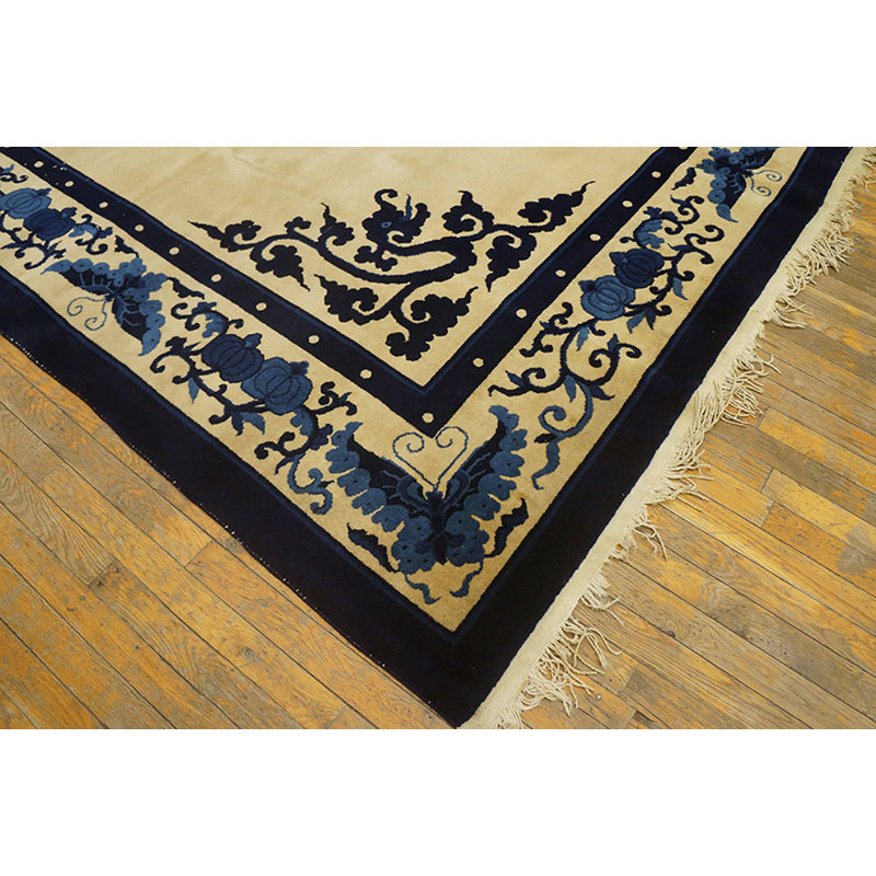 Hand Knotted Pile Ivory Beige Cream White Antique Wool Rectangle 1920s Rug