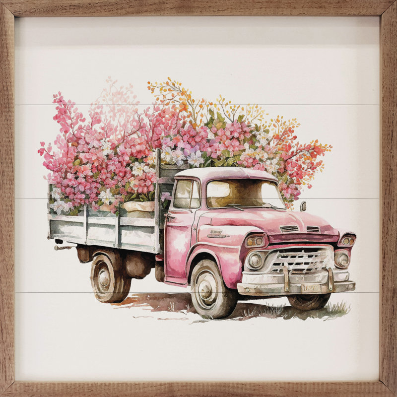 Camion rose avec fleurs blanches, H 4 po x l 4 po
