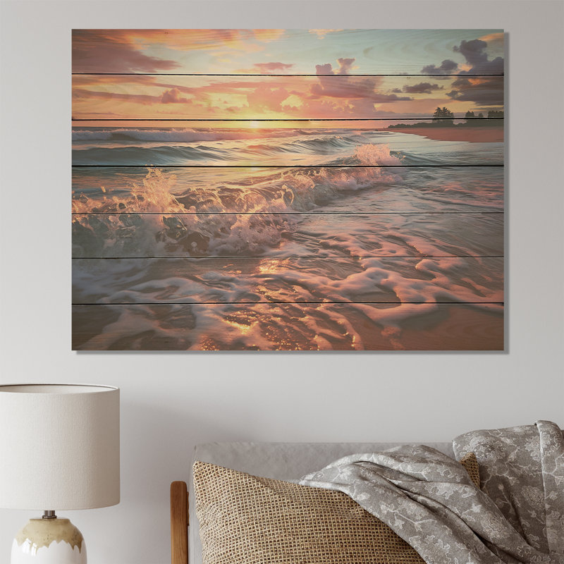 Beachside Sunset Horizon 5 - Rose On Wood Print, H 30 po x l 40 po x P 0,78 po