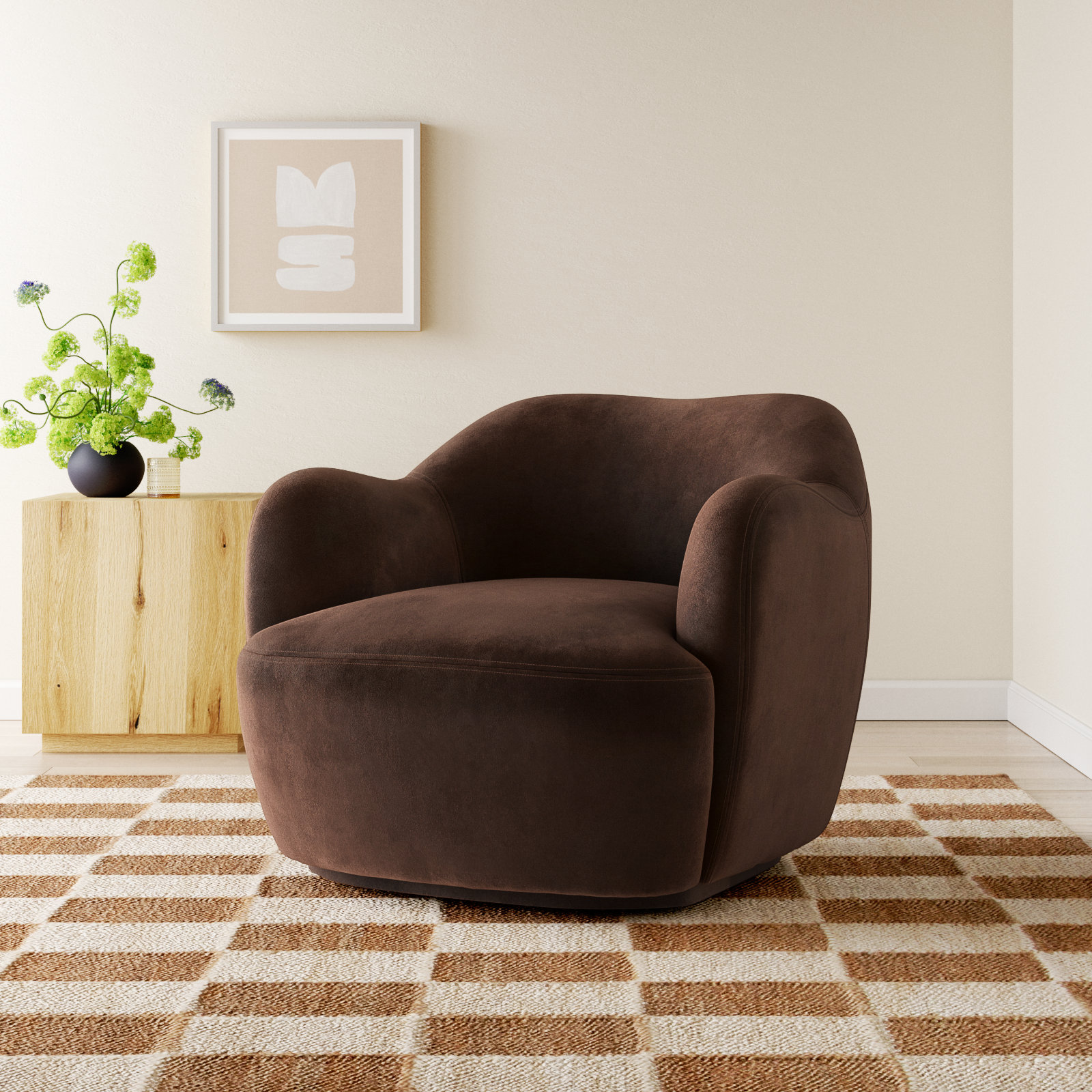 Alaska Oak Genuine Leather Swivel Barrel Chair, Surrey Cocoa Velvet