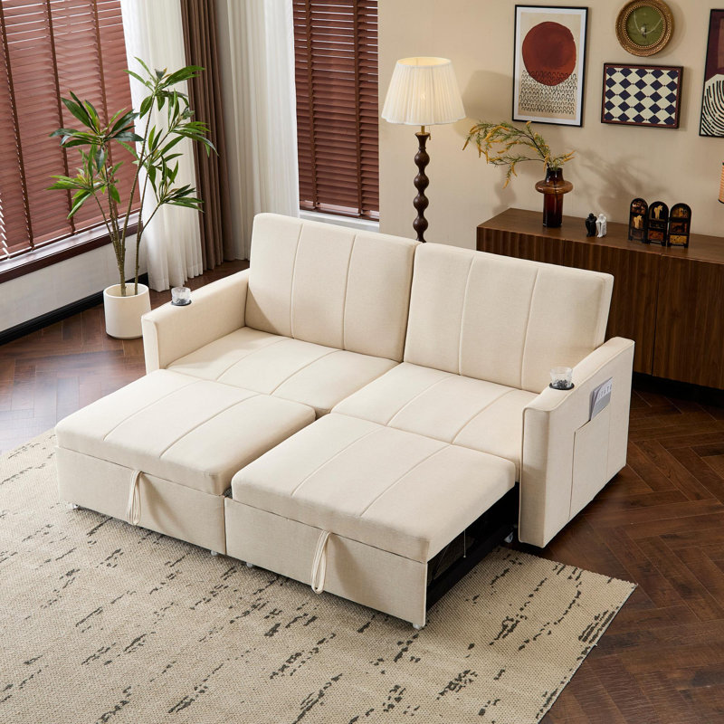 Pull Out Sofa Bed With Cup Holders, Beige