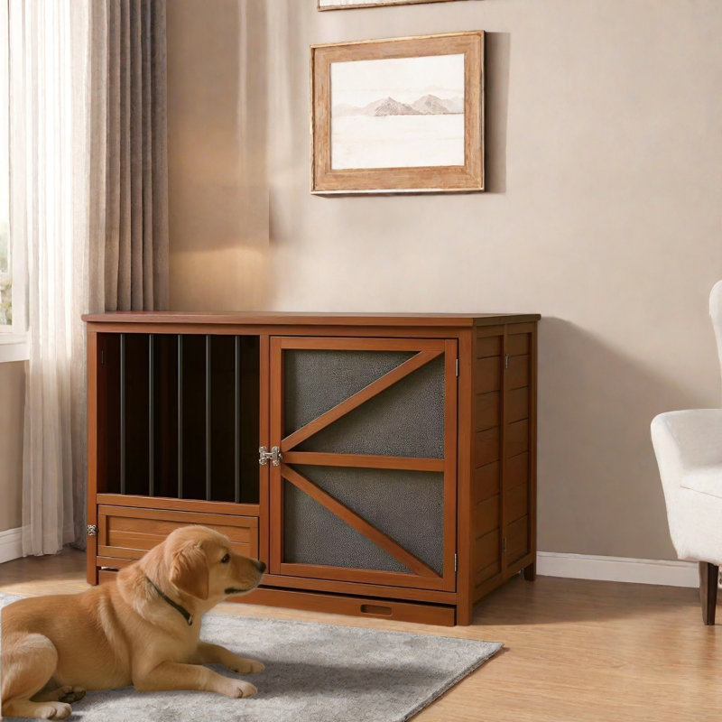 Meuble de caisse pliable en bois pour chien avec mangeoire rotative à 360 ° et plateau amovible