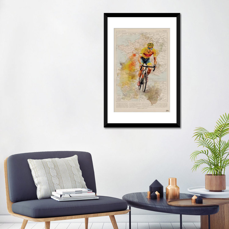Tour de France, aquarelle, Papier avec cadre noir ouvert, Blanc, H 32 po x l 24 po x P 1 po