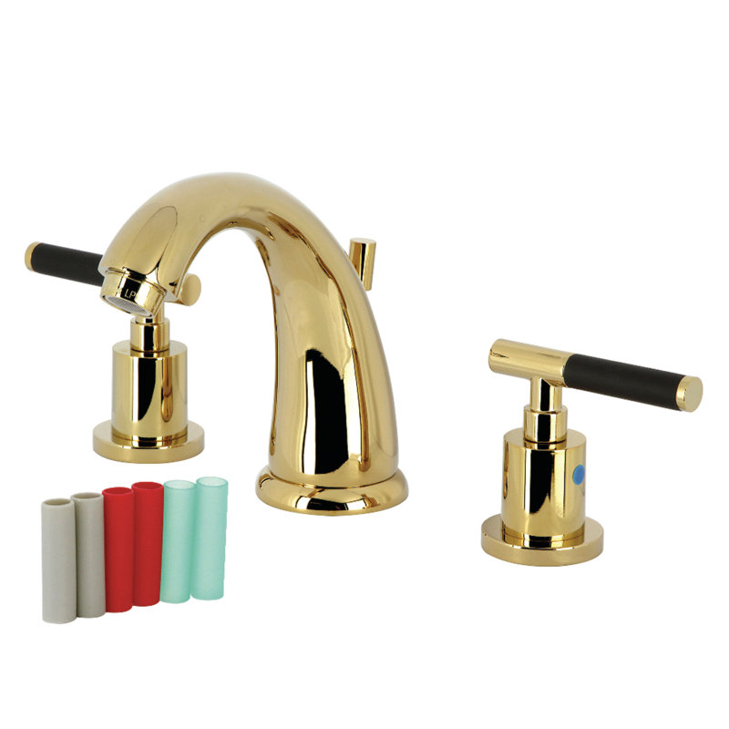 Kingston Brass Kaiser Two-Handle 3-Hole Deck Mount Widespread Bathroom Faucet with Retail Pop-Up Drain, Polished Brass