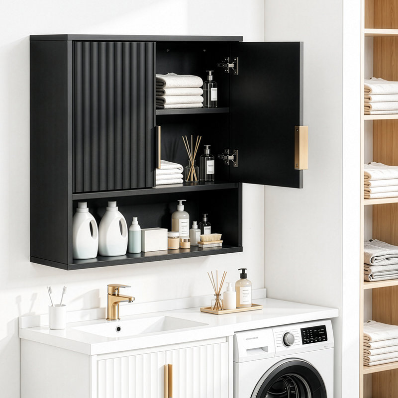 24.5"W Black Bathroom Wall Cabinet With Double Doors and 3 Shelves, Black