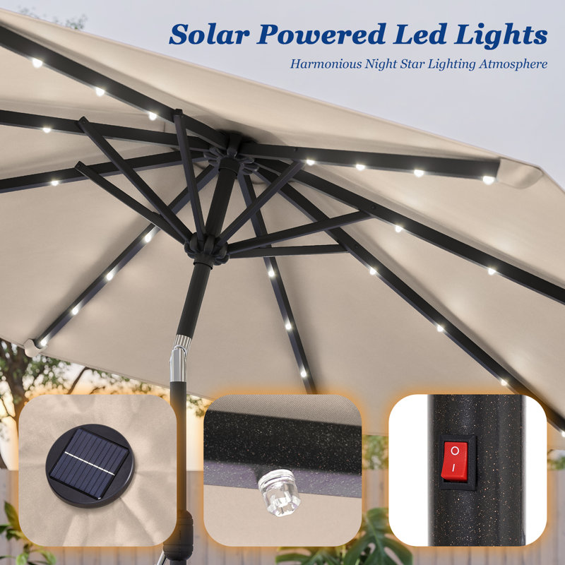 Parasol de marché 9 pi avec lumières DEL, cadre de table résistant aux intempéries, Beige