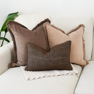 Ensemble de housses de coussin lombaire en velours neutre à franges et coton-lin tissé