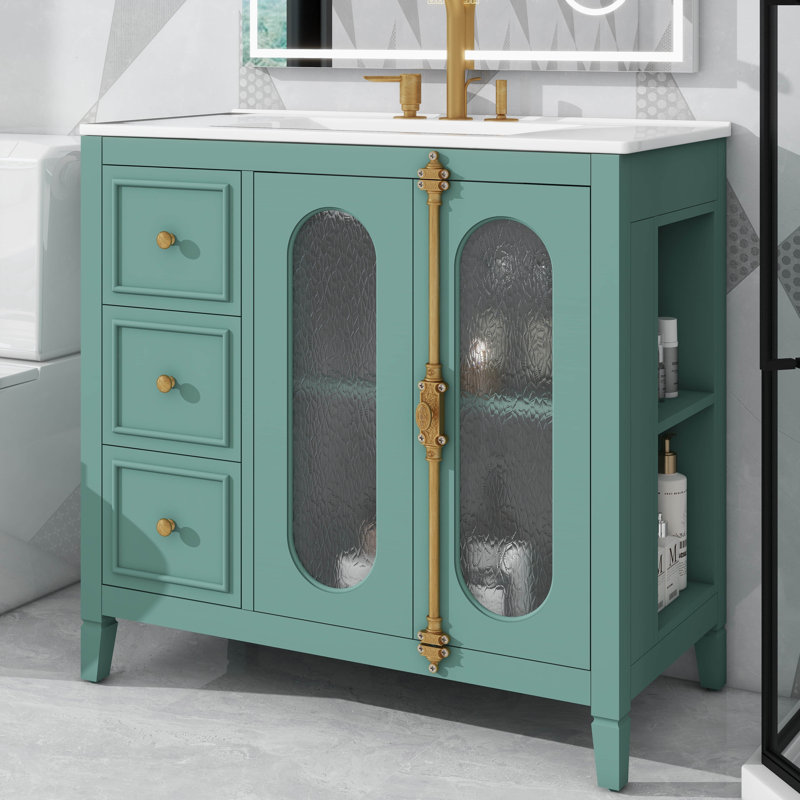 Meuble-lavabo de 36 pouces avec lavabo en céramique, armoire de rangement de salle de bain avec 3 tiroirs, 2 portes et 2 tablettes latérales ouvertes, style rétro