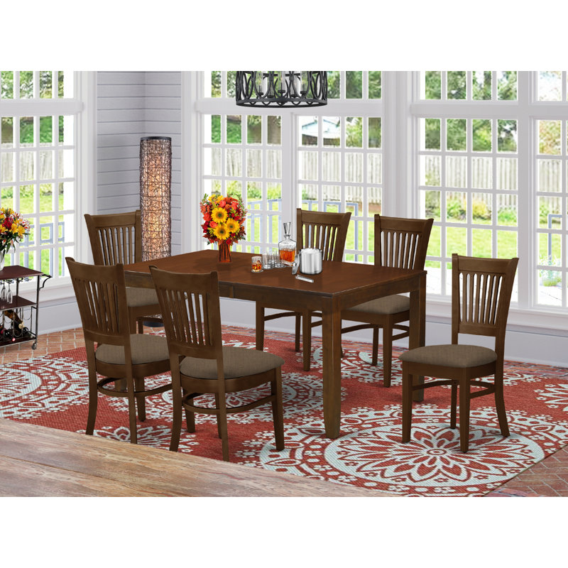 7 Piece Kitchen Table Set Consist of a Rectangle Dining Table with Butterfly Leaf and 6 Linen Fabric Dining Room Chairs, Espresso