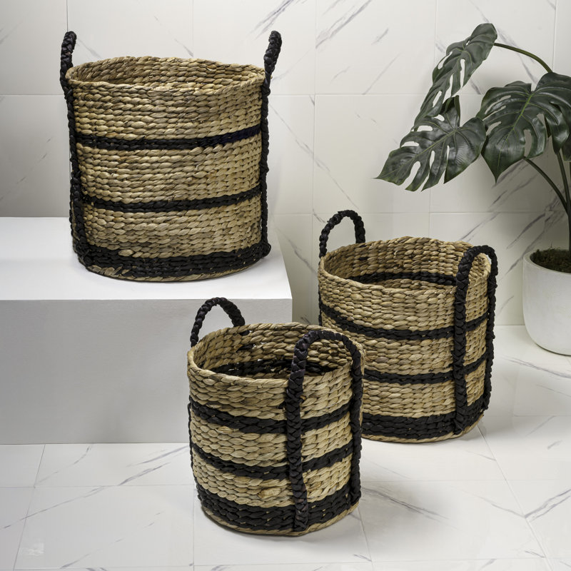 Willow Rustic Cottage Stripe Handwoven Water Hyacinth Nesting Storage Baskets with Handles (Set of 3), Natural