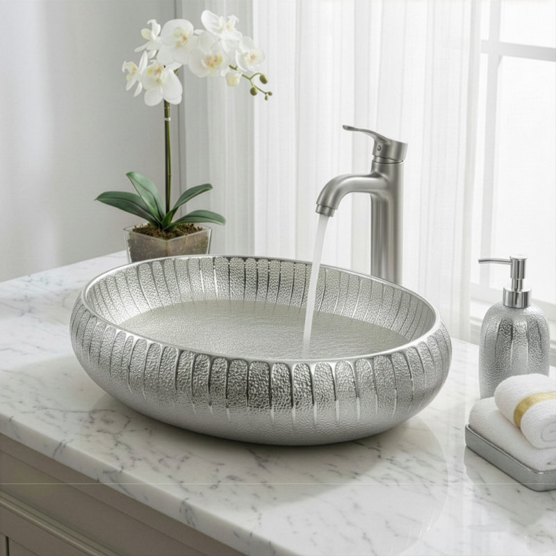 Lavabo de salle de bain vasque argenté de luxe 23 "x 15" - Lavabo de comptoir élégant, bol ovale en céramique moderne