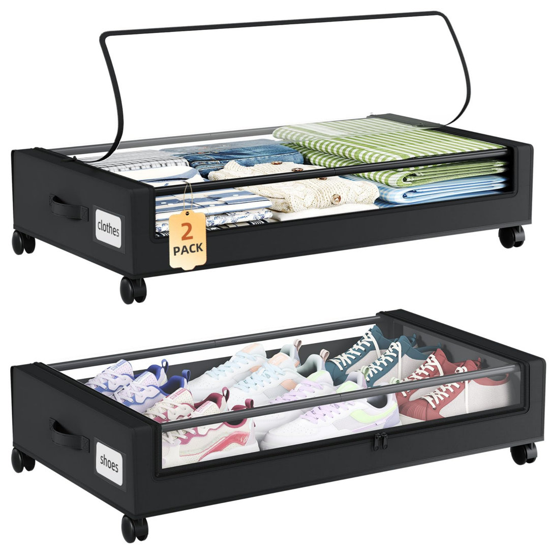 48L Rolling Under Bed Storage Box With Lid, 2 Pack - Foldable Underbed Organizer With Wheels For Clothes, Bedding, Shoes, Black
