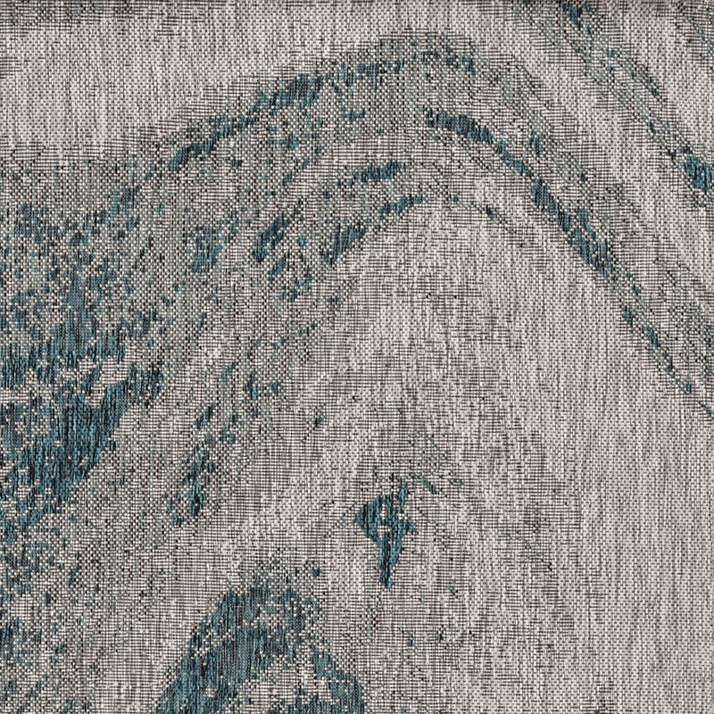 Tapis intérieur / extérieur abstrait gris / bleu sarcelle Heda, Rond 7 pi 10 po