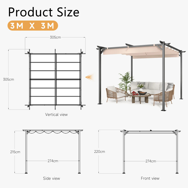 3m x 3m Metal Pergola with Retractable Roof, 3m x 3m, Beige