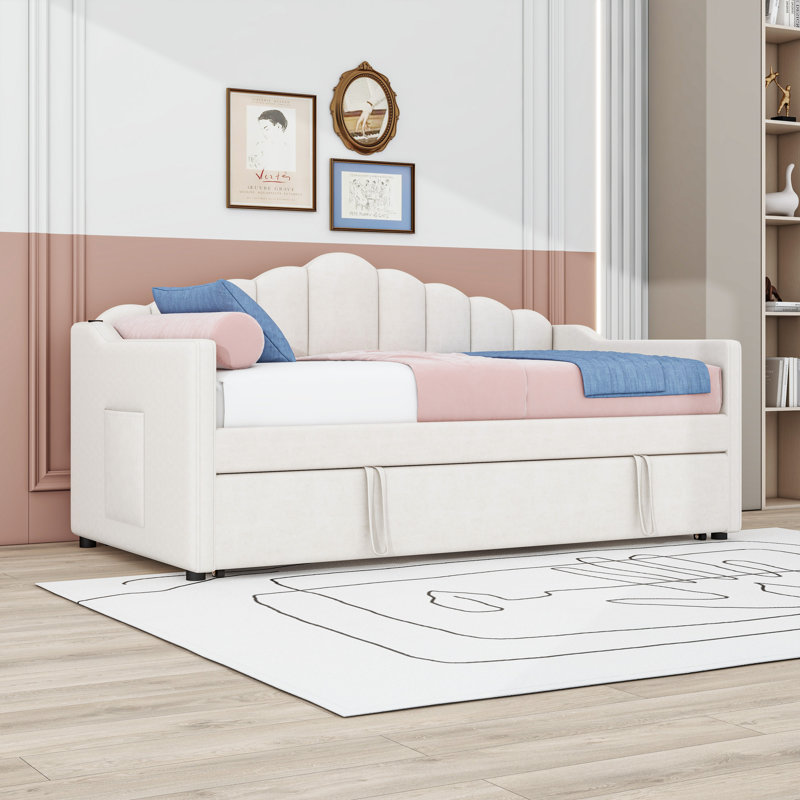 Twin Size Upholstered Daybed with Twin Trundle, Charging Station and Side Pockets, Beige