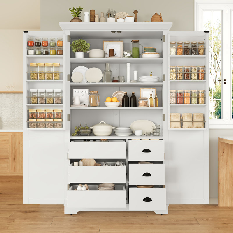 Armoire de rangement autoportante avec garde-manger et tiroirs avec tablettes réglables et tablettes coulissantes, blanc