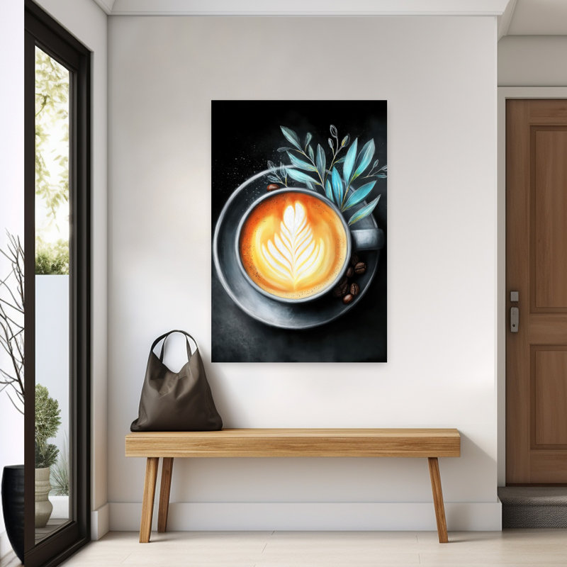 «Latte Art» et feuilles bleues abstraites, plante contemporaine, art mural, H 60 po x l 40 po