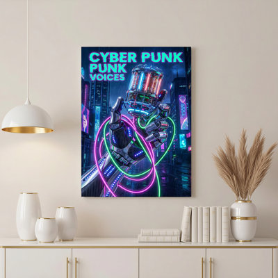 «Cyber Punk Voices Futuristic Neon Cityscape», reproduction d'art sur toile tendue sur toile, ensemble de 1