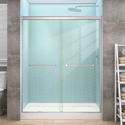 Porte de salle de bain double coulissante en demi-cadre avec verre trempé 50 po - 54 po x H 72 po